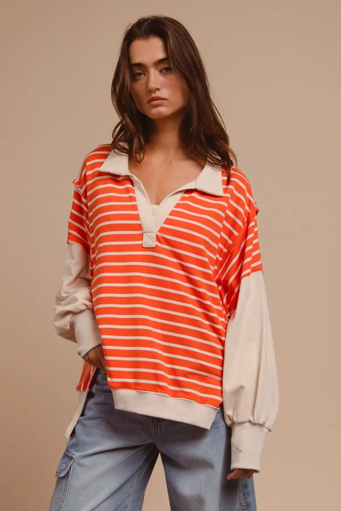 BiBi orange and cream striped loose fit collared knit pullover with contrast sleeves