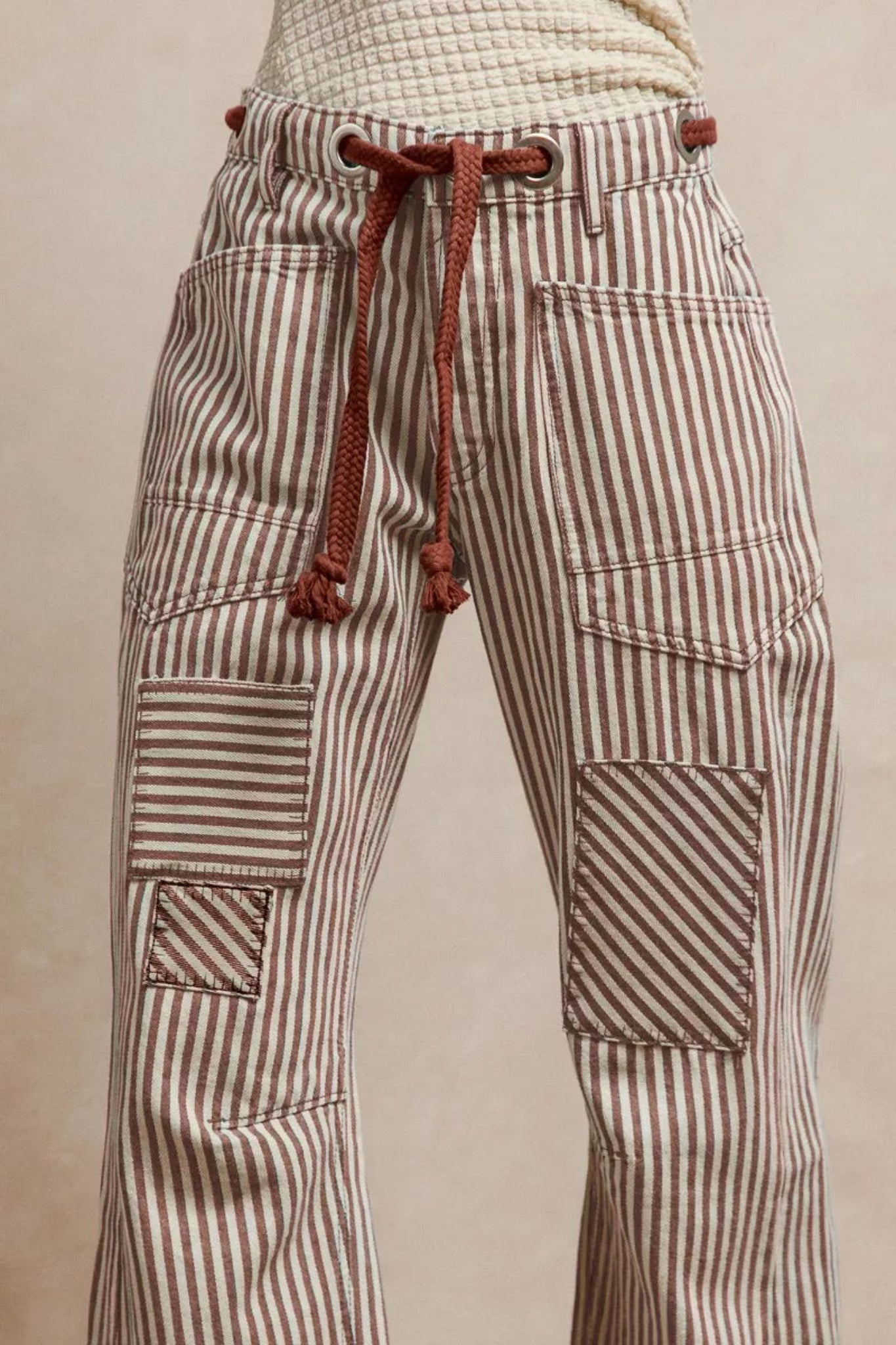 BiBi women’s striped twill barrel pants with drawstring waist, patch pockets, and relaxed wide leg fit