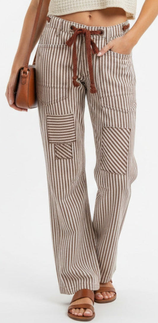 BiBi women’s striped twill barrel pants with drawstring waist, patch pockets, and relaxed wide leg fit