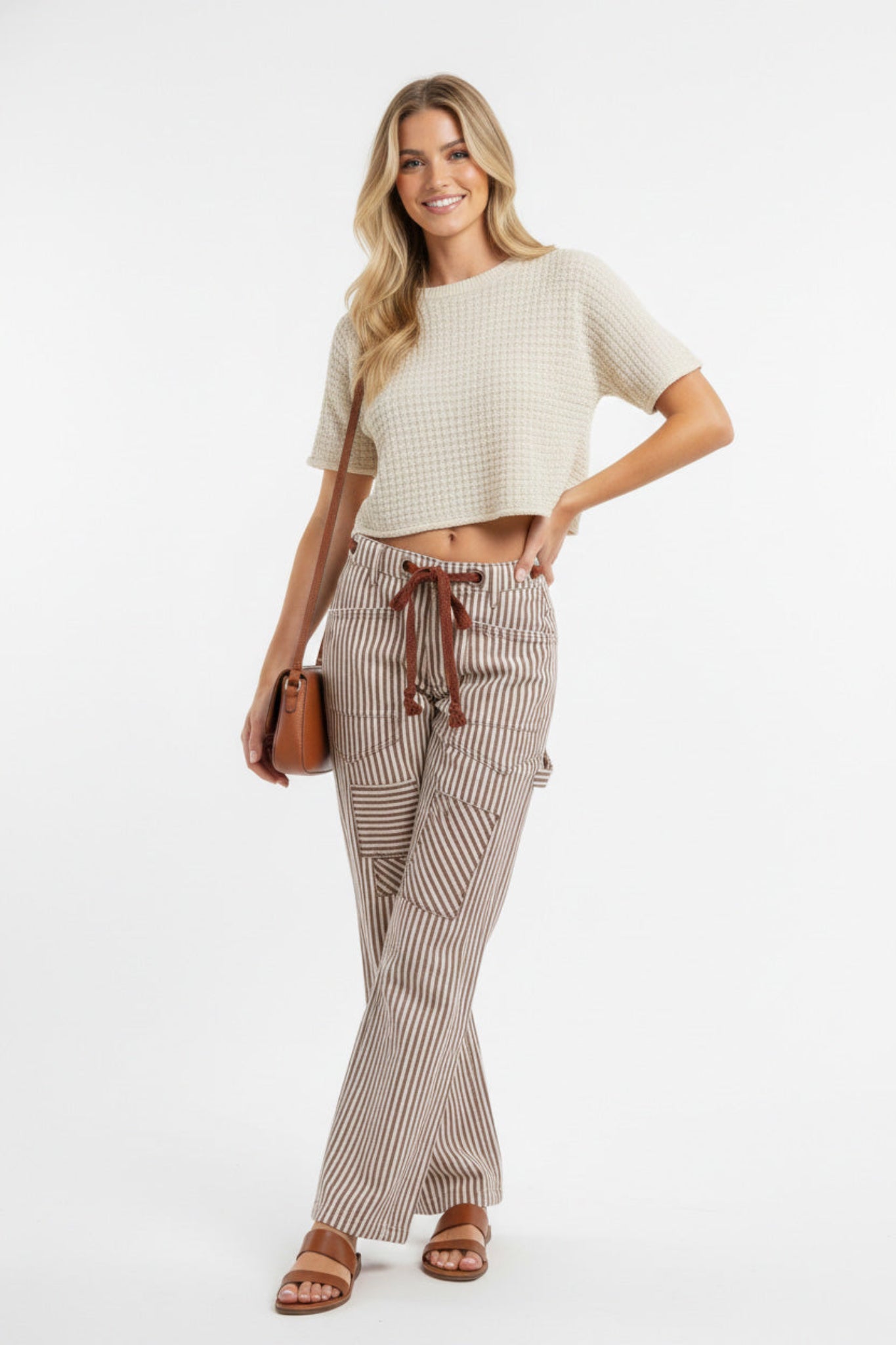 BiBi women’s striped twill barrel pants with drawstring waist, patch pockets, and relaxed wide leg fit