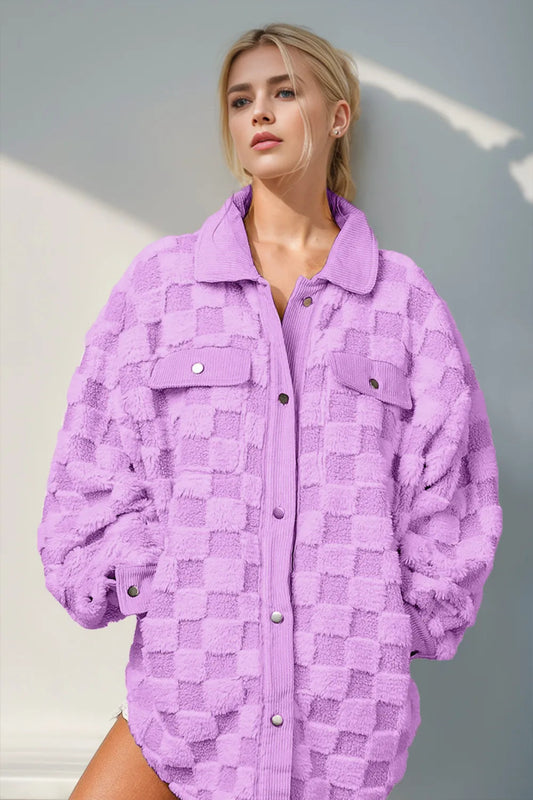 Lilac fuzzy checkered button up shacket with relaxed fit and chest pockets