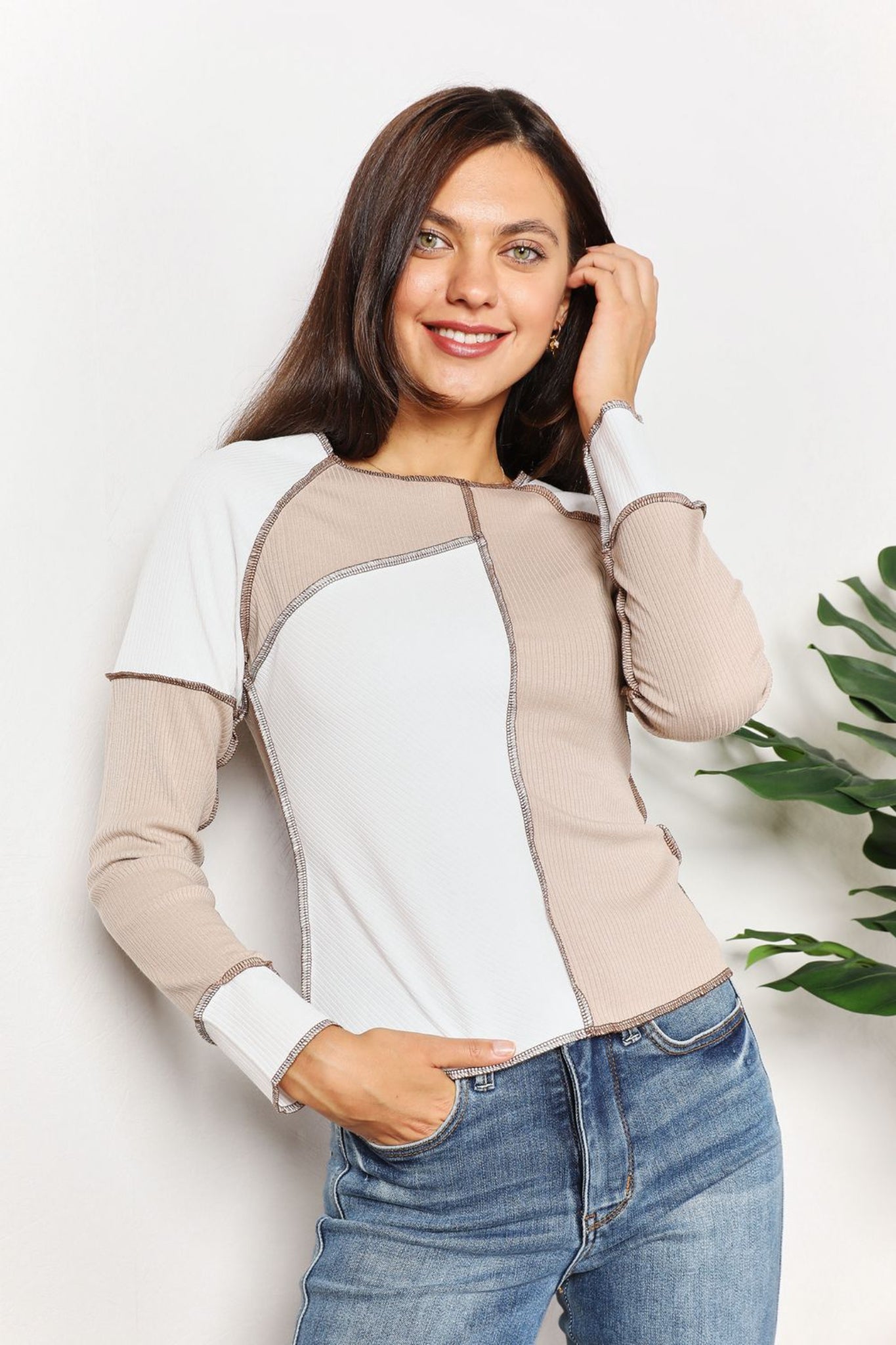 Double Take women’s neutral color-block long sleeve top with exposed seam detail and ribbed knit fabric