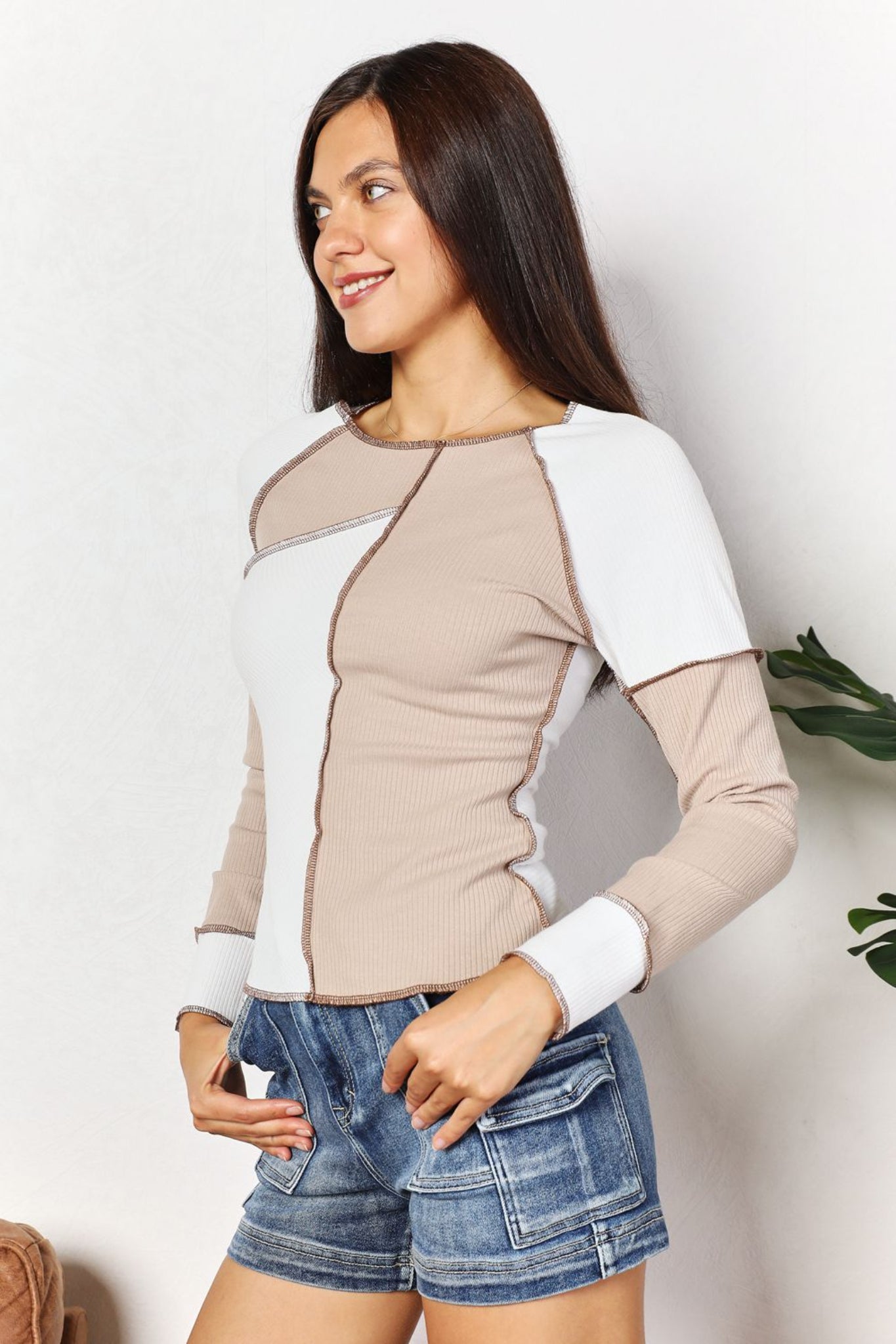 Double Take women’s neutral color-block long sleeve top with exposed seam detail and ribbed knit fabric