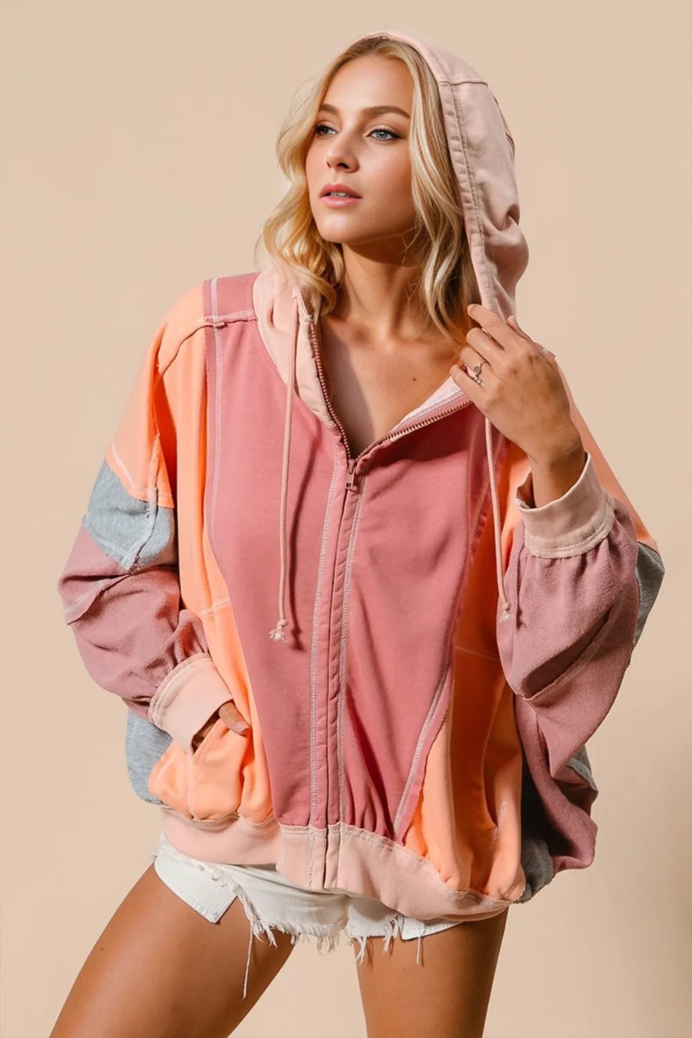 Double Take women’s color-block zip-up hoodie with teal hood, contrast sleeves, relaxed fit, and front pockets