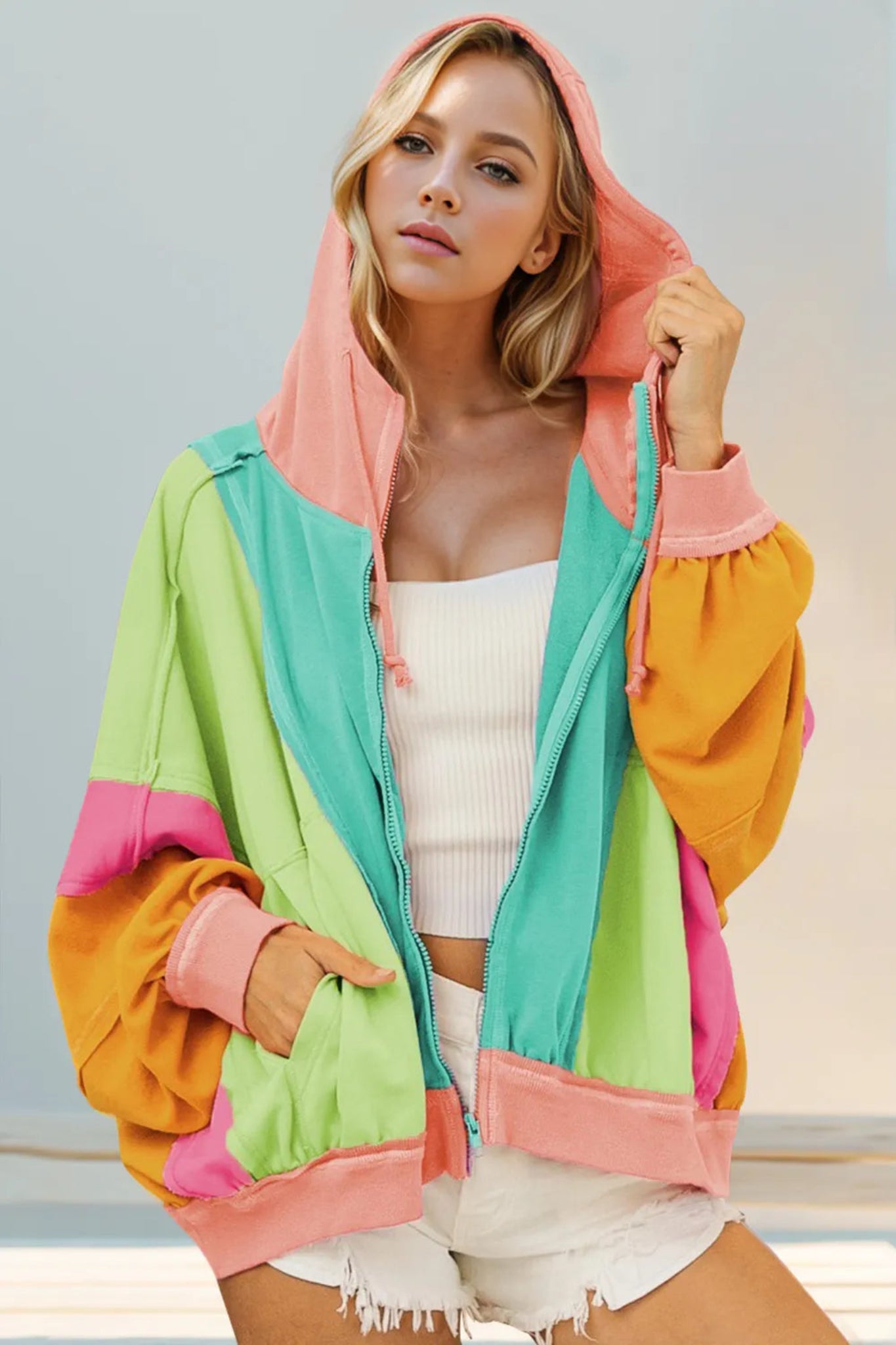 Double Take women’s color-block zip-up hoodie with teal hood, contrast sleeves, relaxed fit, and front pockets