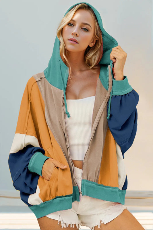 Double Take women’s color-block zip-up hoodie with teal hood, contrast sleeves, relaxed fit, and front pockets