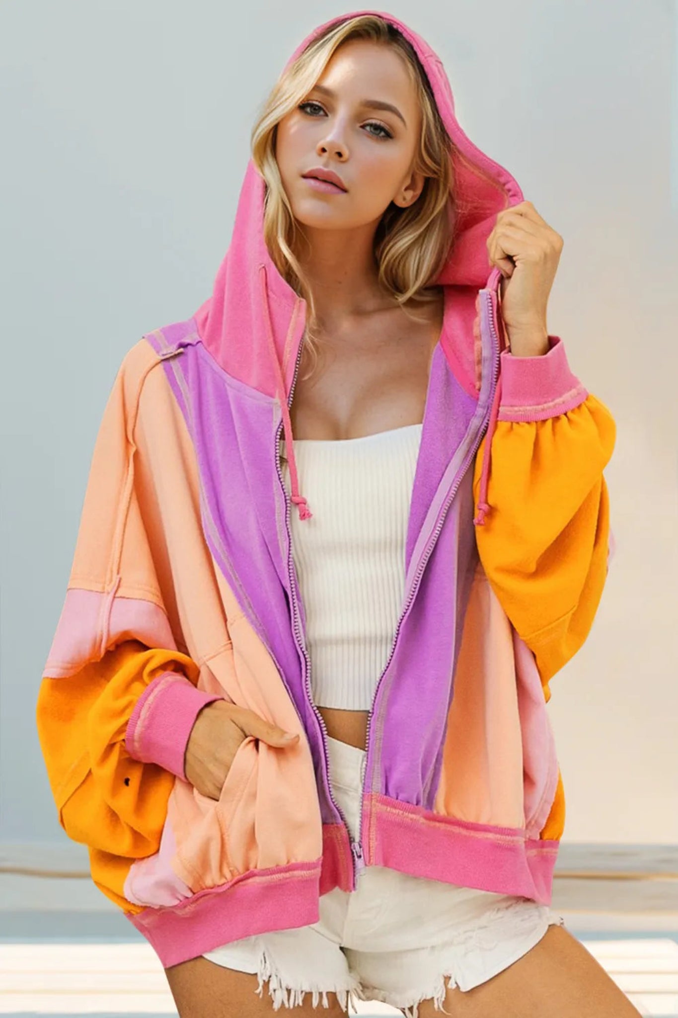 Double Take women’s color-block zip-up hoodie with teal hood, contrast sleeves, relaxed fit, and front pockets