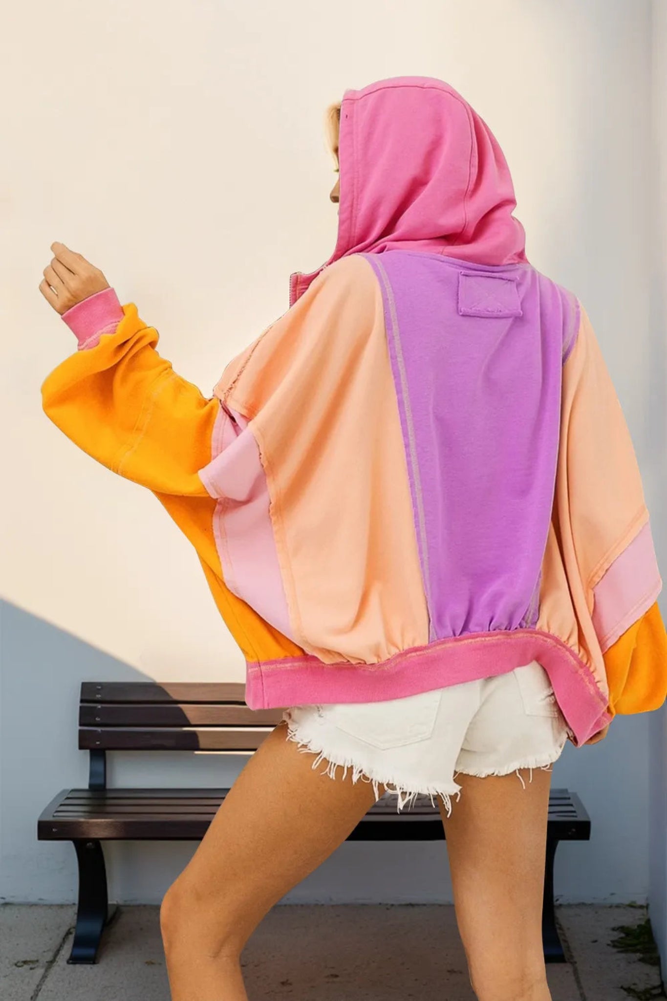 Double Take women’s color-block zip-up hoodie with teal hood, contrast sleeves, relaxed fit, and front pockets