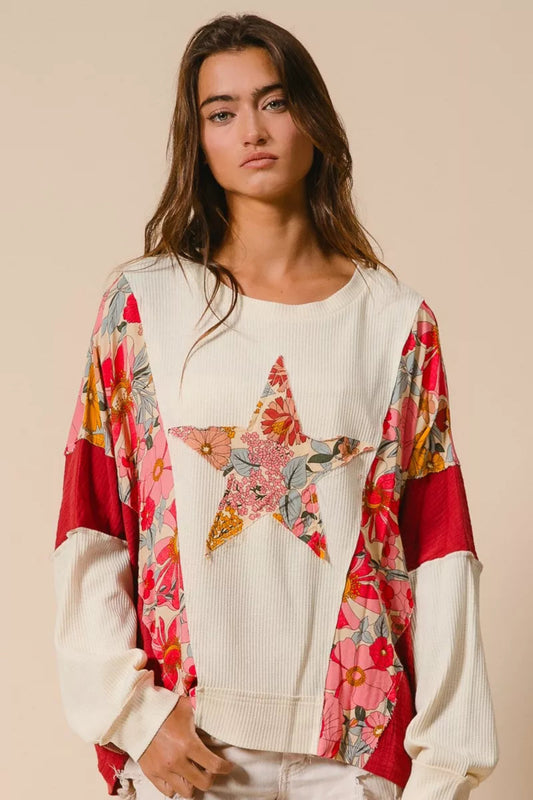 BiBi floral mixed print star patch oversized ribbed knit pullover with contrast sleeves