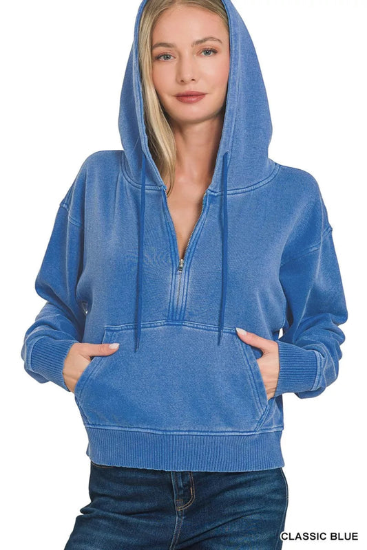 Zenana blue  half-zip hoodie featuring a soft washed fabric, hooded neckline, and front pocket.