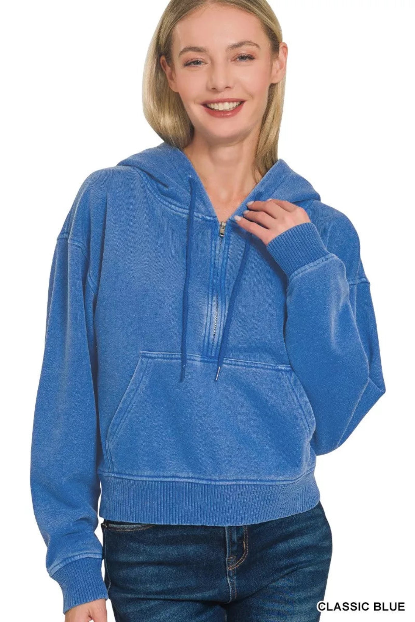 Zenana blue half-zip hoodie featuring a soft washed fabric, hooded neckline, and front pocket.