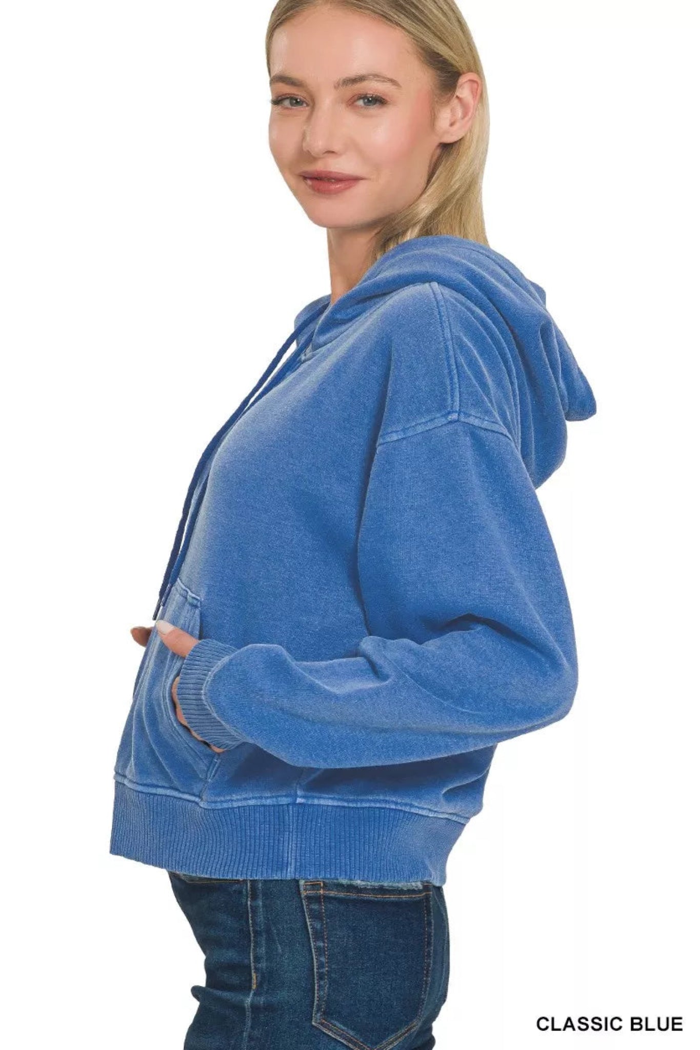 Zenana blue half-zip hoodie featuring a soft washed fabric, hooded neckline, and front pocket.