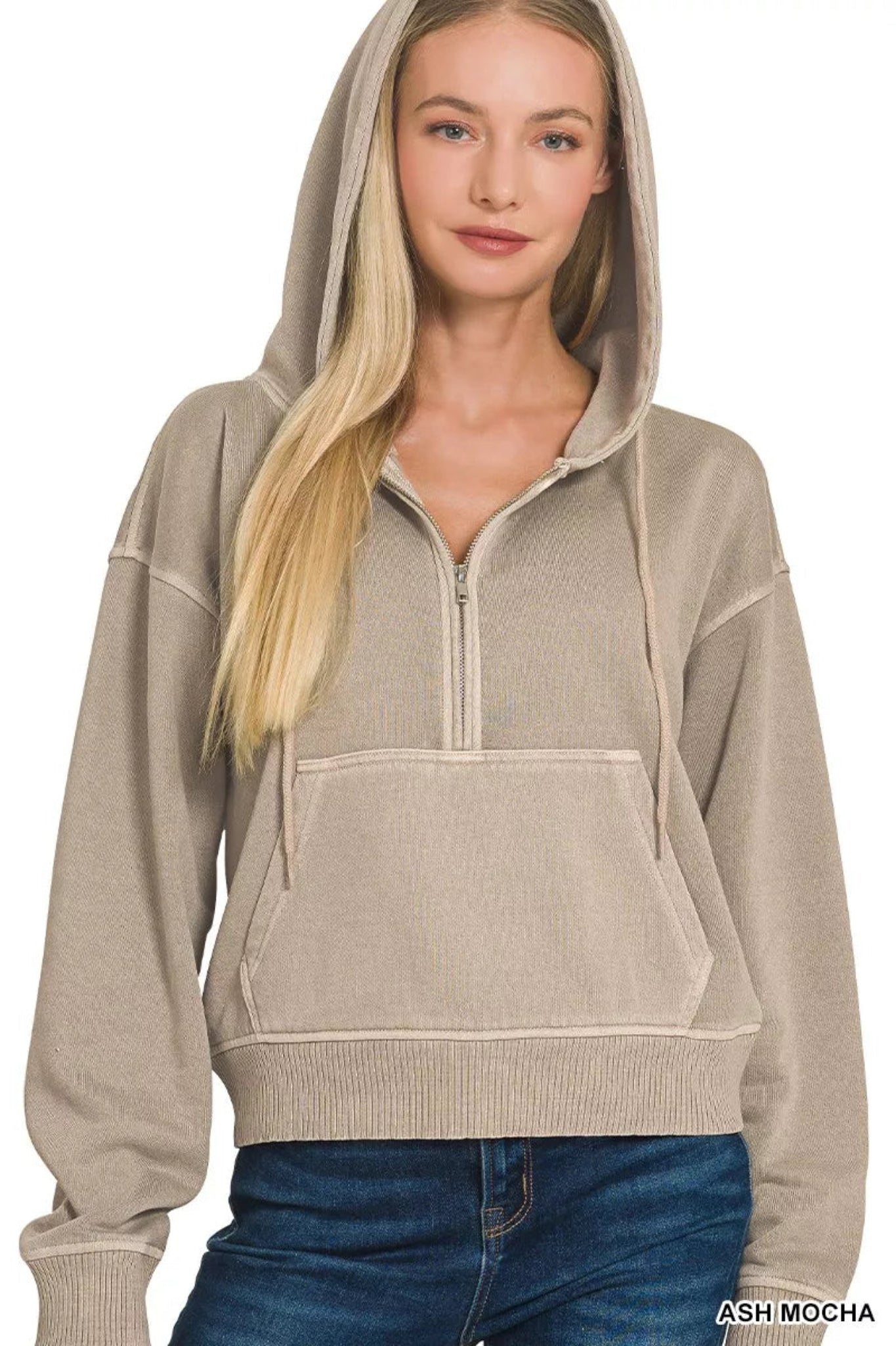 Model wearing an ash mocha half-zip hoodie with hood, kangaroo pocket, and relaxed fit casual sweatshirt.