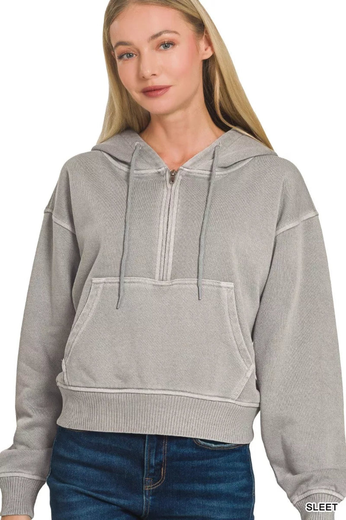 Zenana gray half-zip hoodie featuring a soft washed fabric, hooded neckline, and front pocket.