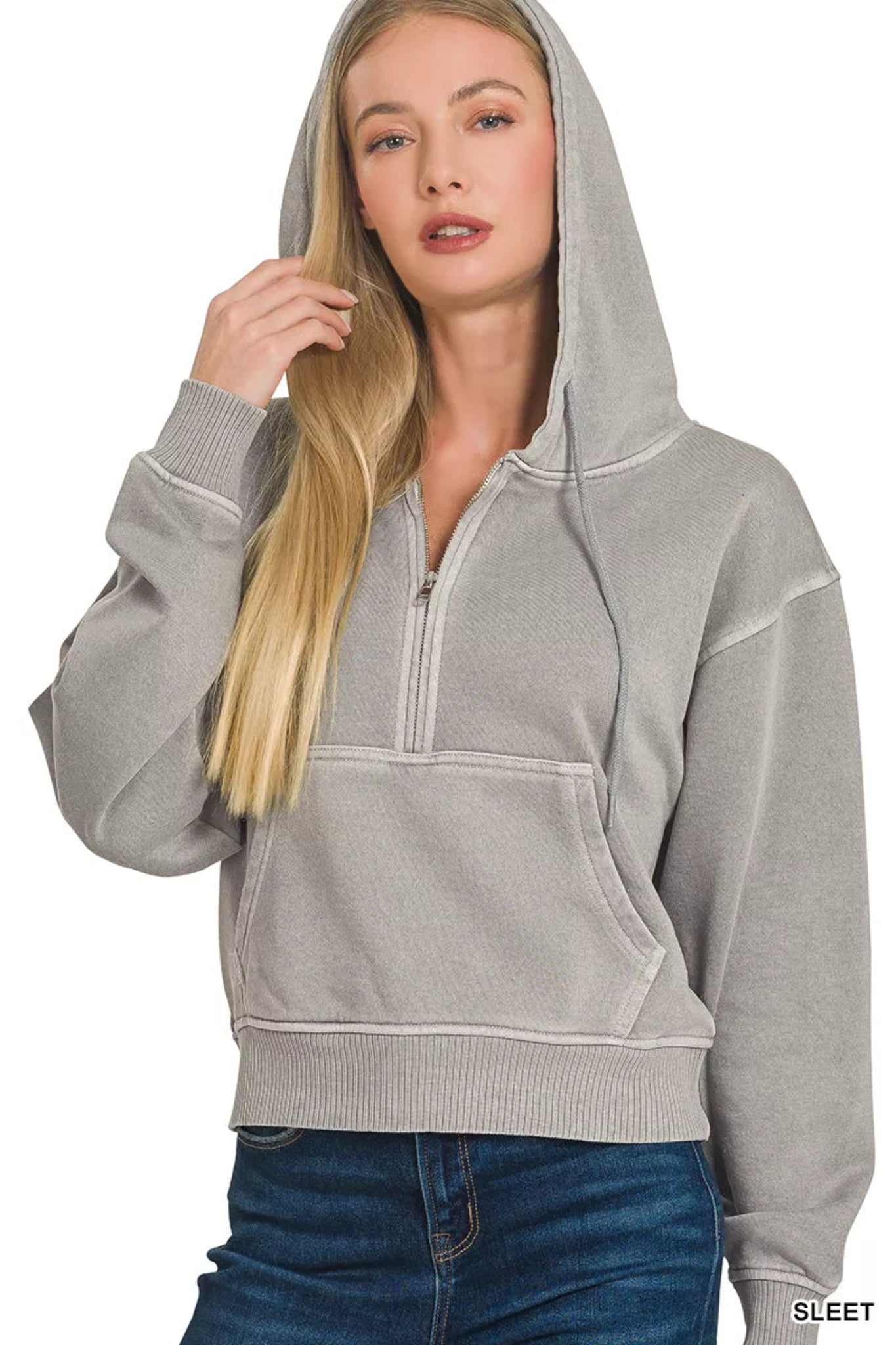Zenana gray half-zip hoodie featuring a soft washed fabric, hooded neckline, and front pocket.