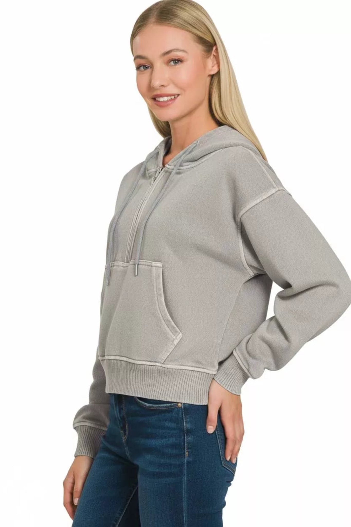 Zenana gray half-zip hoodie featuring a soft washed fabric, hooded neckline, and front pocket.