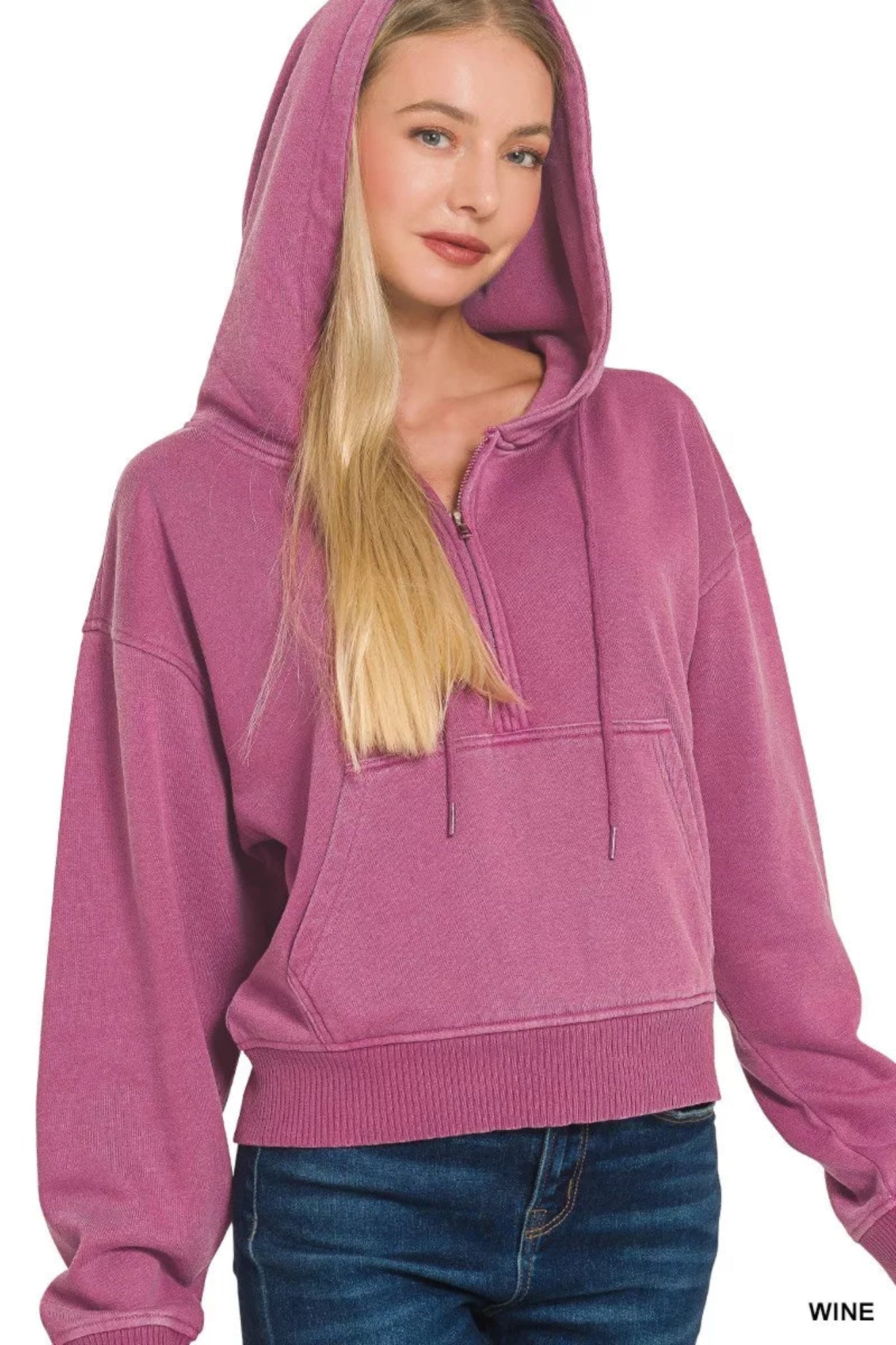 Zenana purple half-zip hoodie featuring a soft washed fabric, hooded neckline, and front pocket.