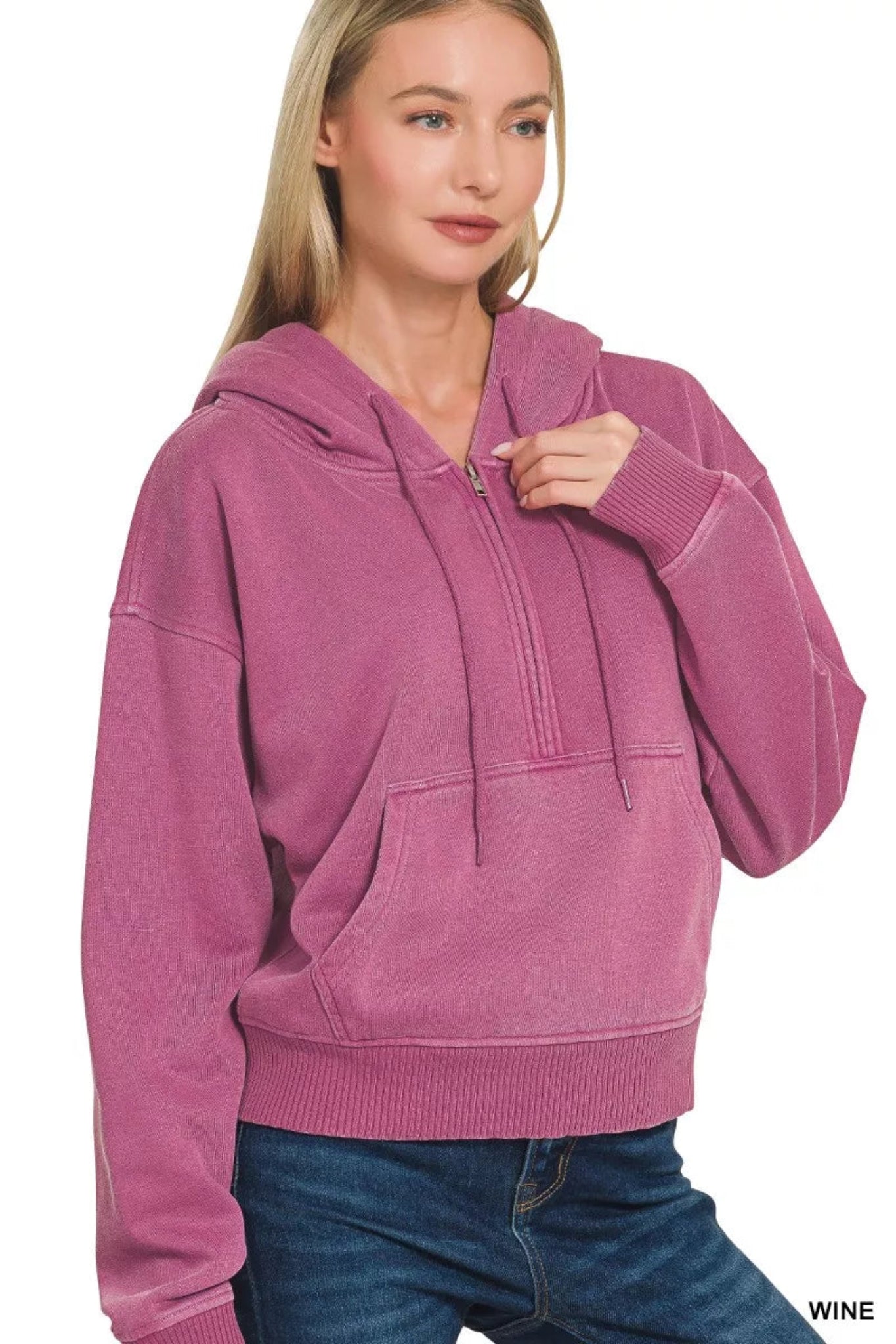 Zenana purple half-zip hoodie featuring a soft washed fabric, hooded neckline, and front pocket.