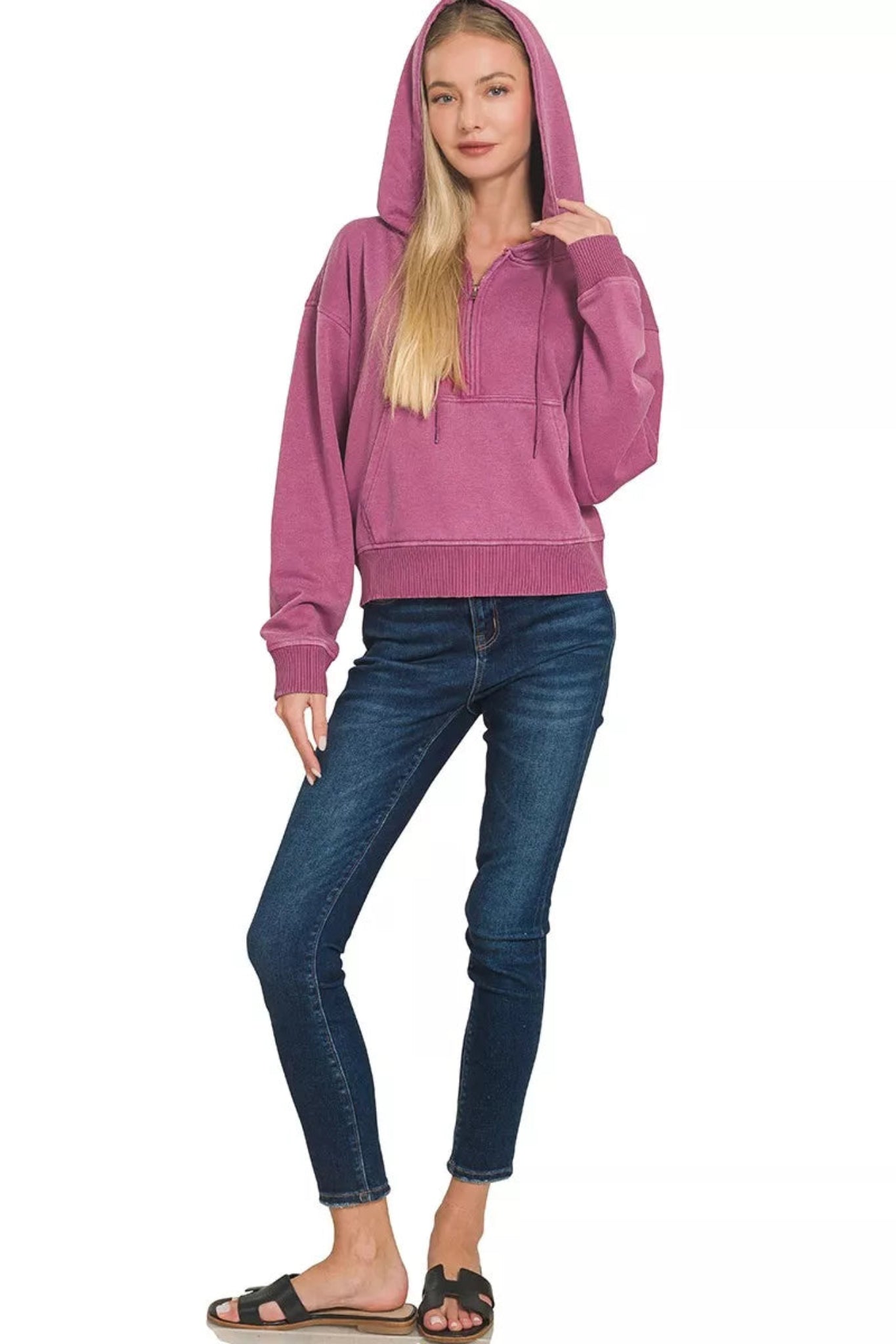 Zenana purple half-zip hoodie featuring a soft washed fabric, hooded neckline, and front pocket.