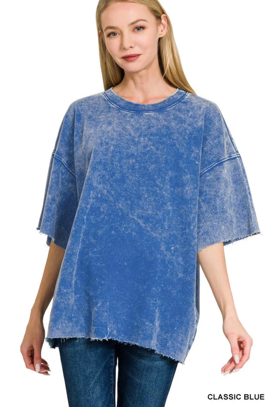 Zenana washed short sleeve top with oversized relaxed fit, mineral wash finish, and raw hem detail.