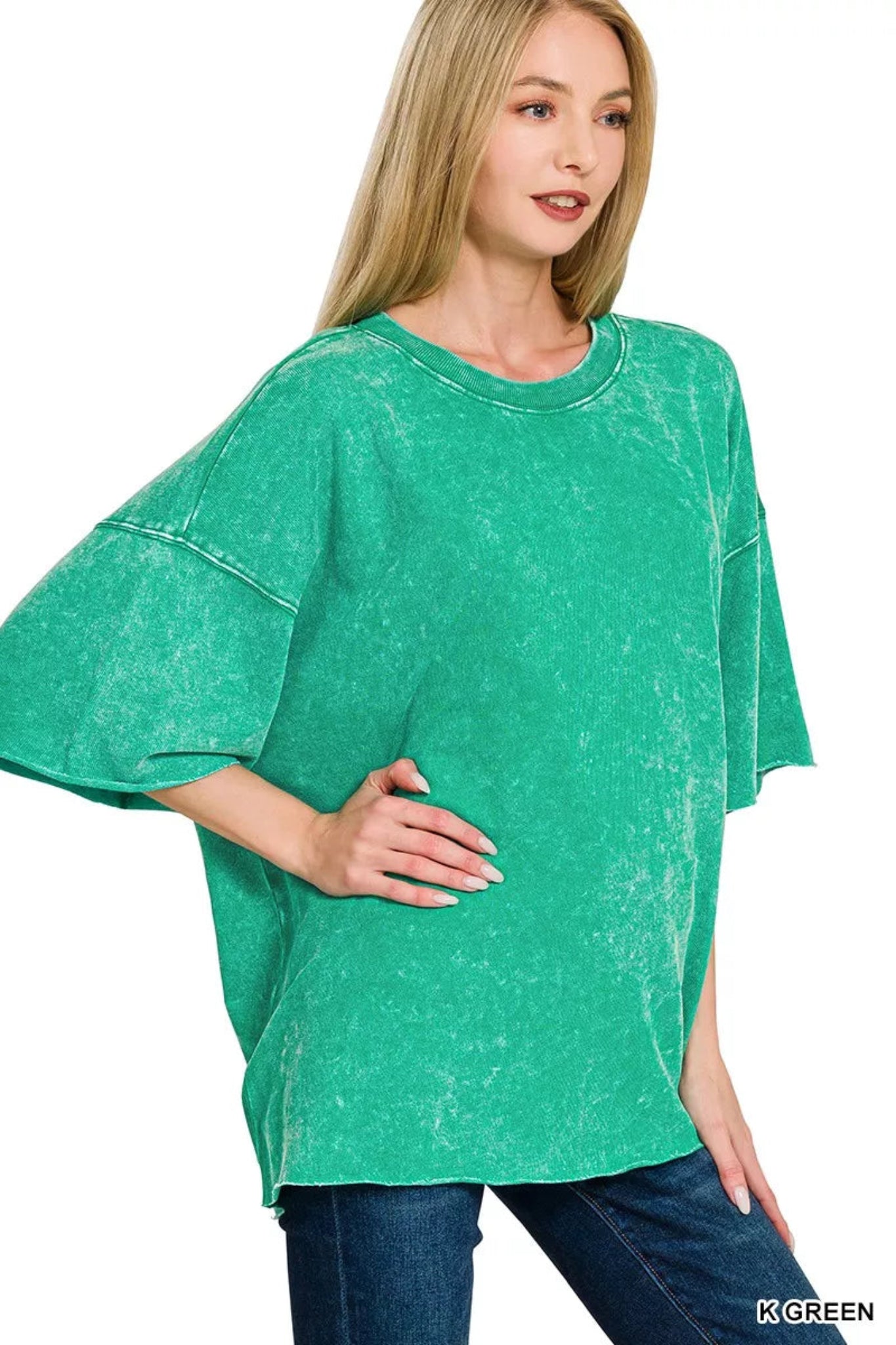 Zenana washed short sleeve top with oversized relaxed fit, mineral wash finish, and raw hem detail.