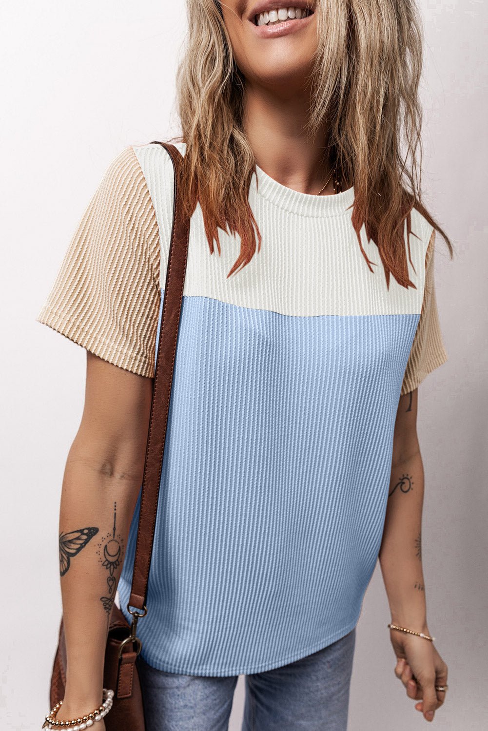 Color Block Round Neck Short Sleeve T-Shirt - Mixed Colors - White - Blue - Tan - The Vintage Turquoise - Western Fashion - Women's Clothing