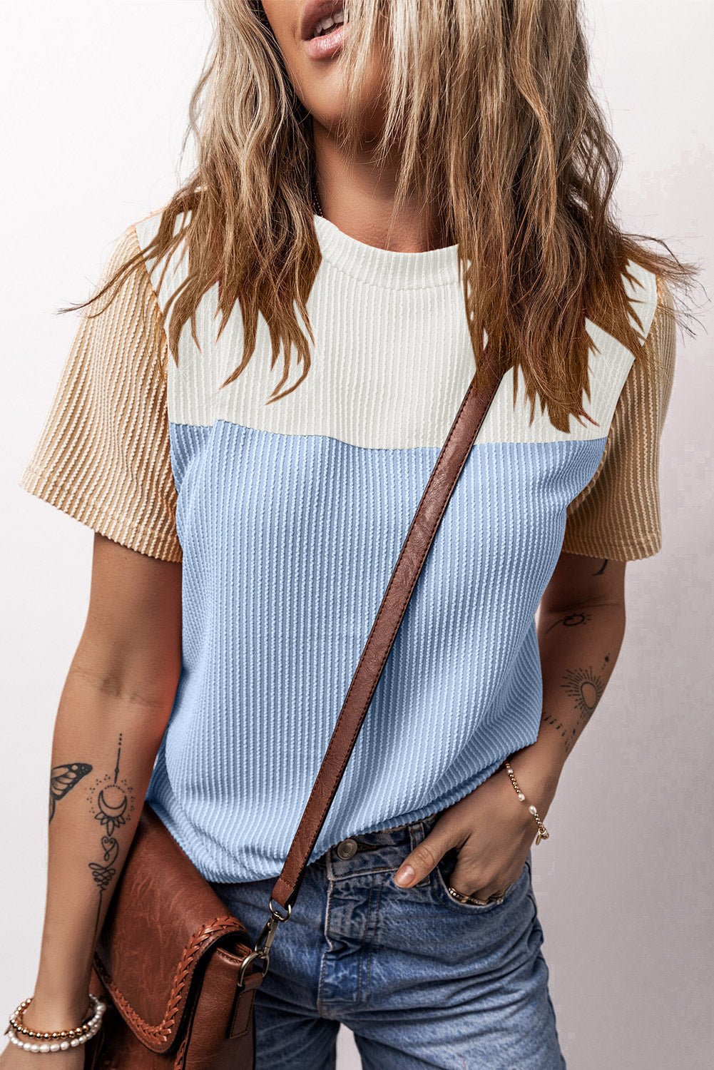 Color Block Round Neck Short Sleeve T-Shirt - Mixed Colors - White - Blue - Tan - The Vintage Turquoise - Western Fashion - Women's Clothing