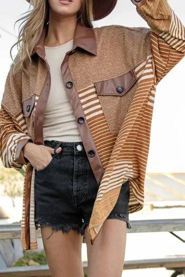 Khaki Faux Leather and Sherpa Striped Shacket – The Vintage Turquoise