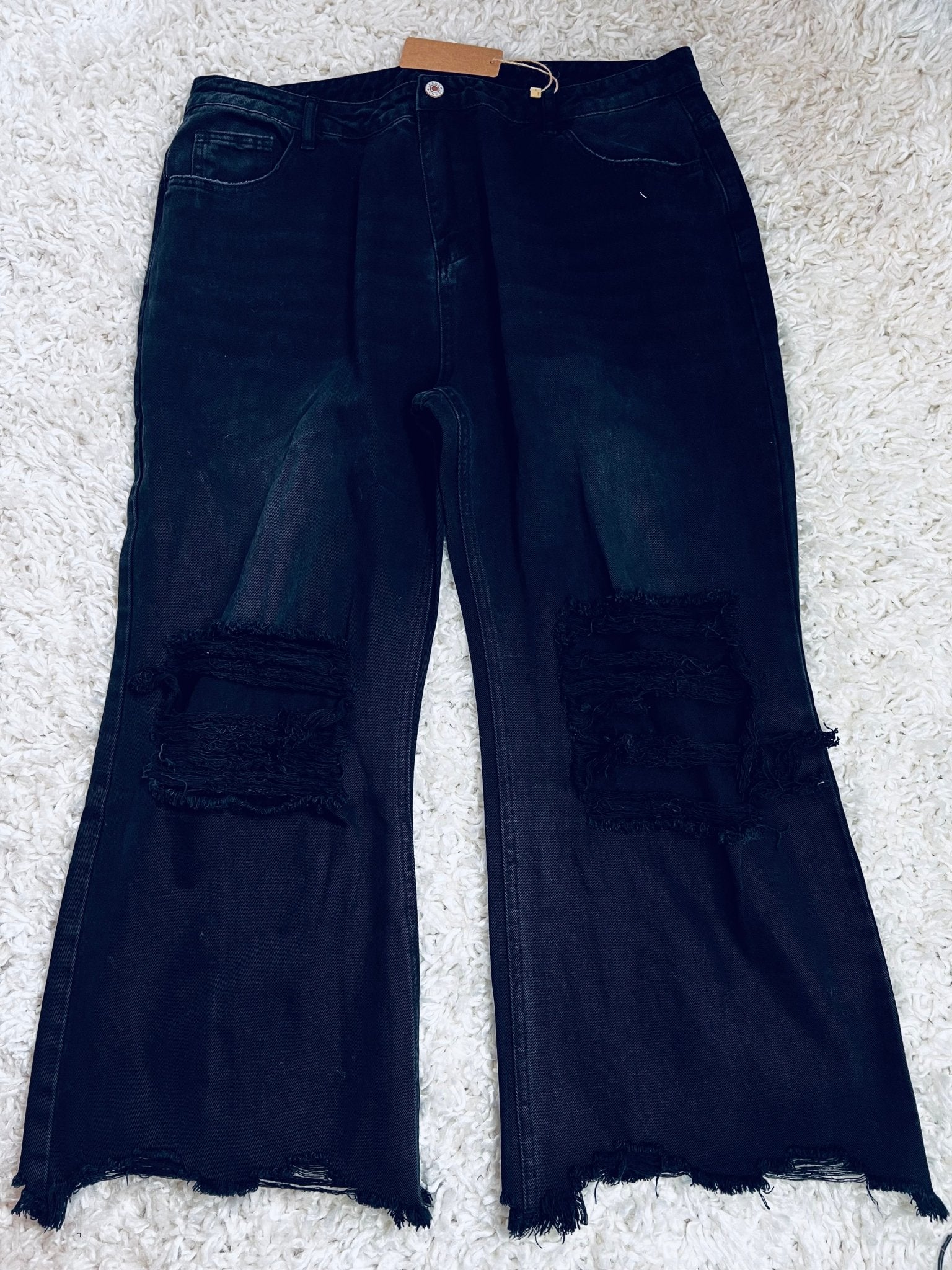 Distressed High Waist Flare Jeans - Black Denim- The Vintage Turquoise - Western Fashion - Women's Clothing