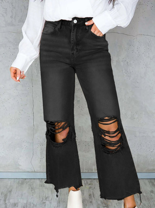 Distressed High Waist Flare Jeans - Black Denim- The Vintage Turquoise - Western Fashion - Women's Clothing