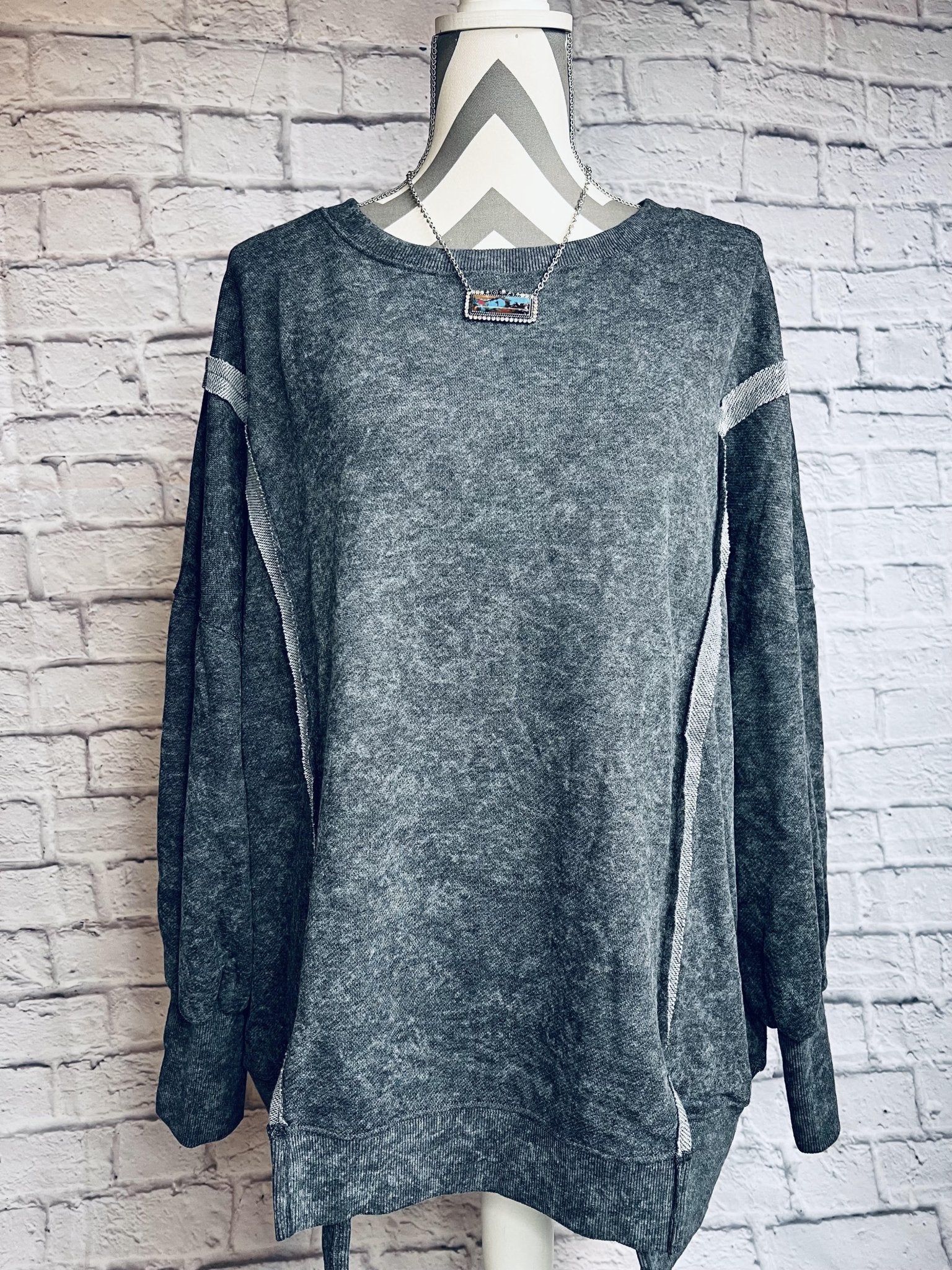 Gray Expose Seamed Acid Washed Sweatshirt - The Vintage Turquoise - Western Fashion - Women's Clothing