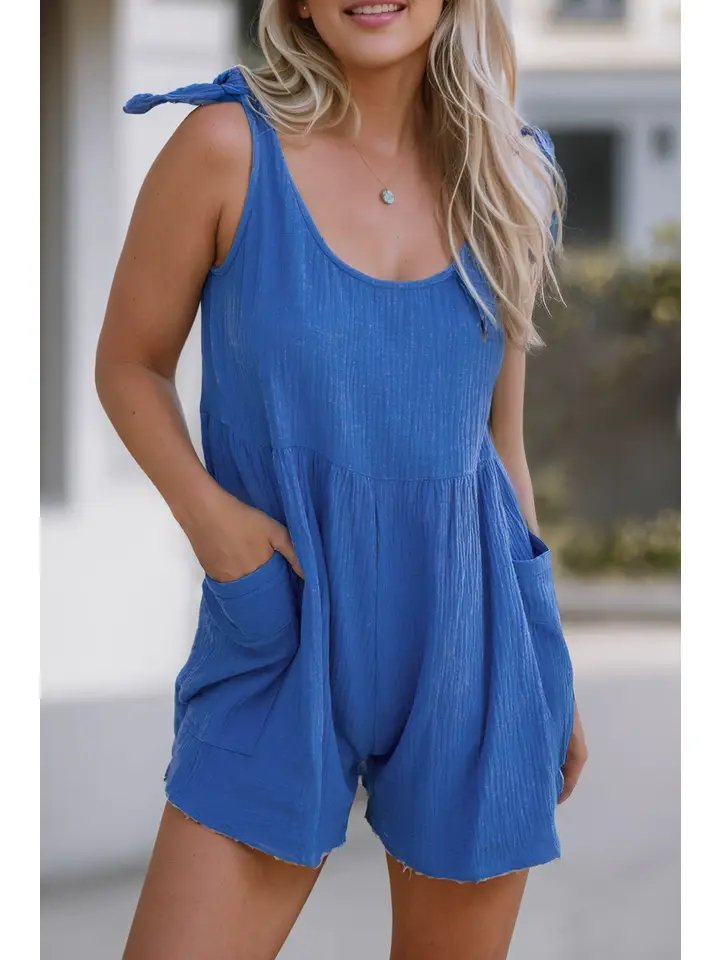 Knotted Strap Romper - Blue - The Vintage Turquoise - Western Fashion - Women's Clothing