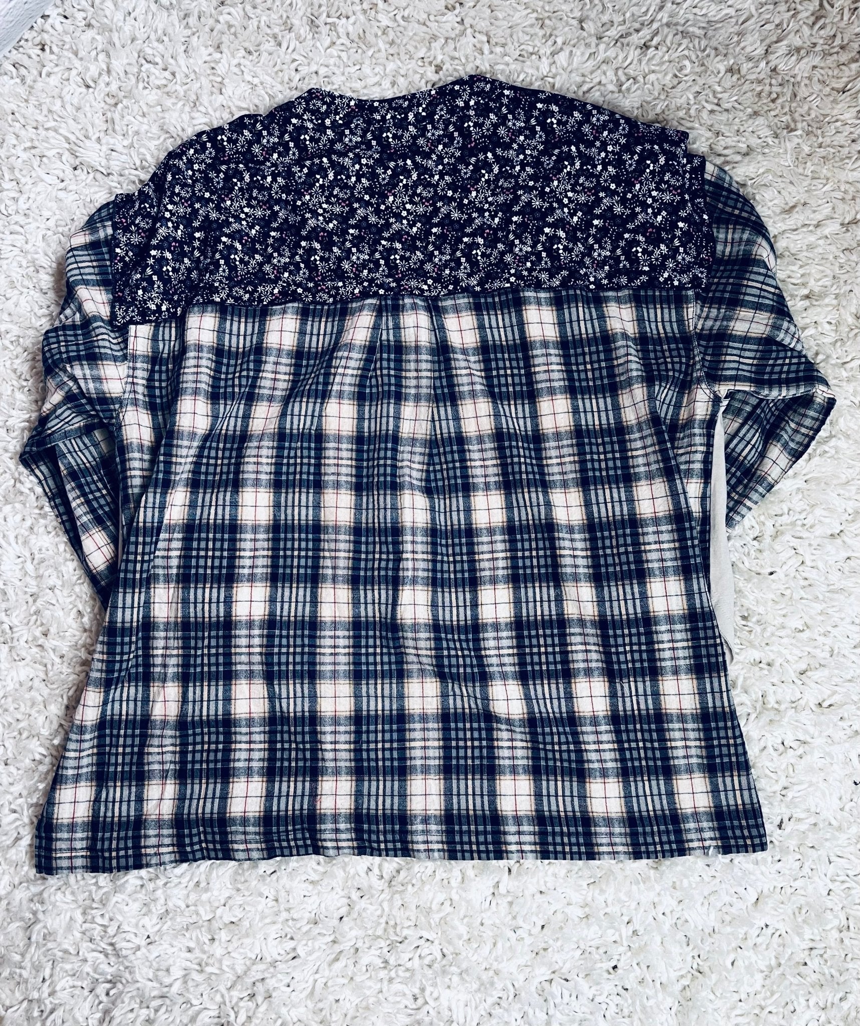 Mixed Print Half Button Pullover - Blue - Cream - The Vintage Turquoise - Western Fashion - Women's Clothing