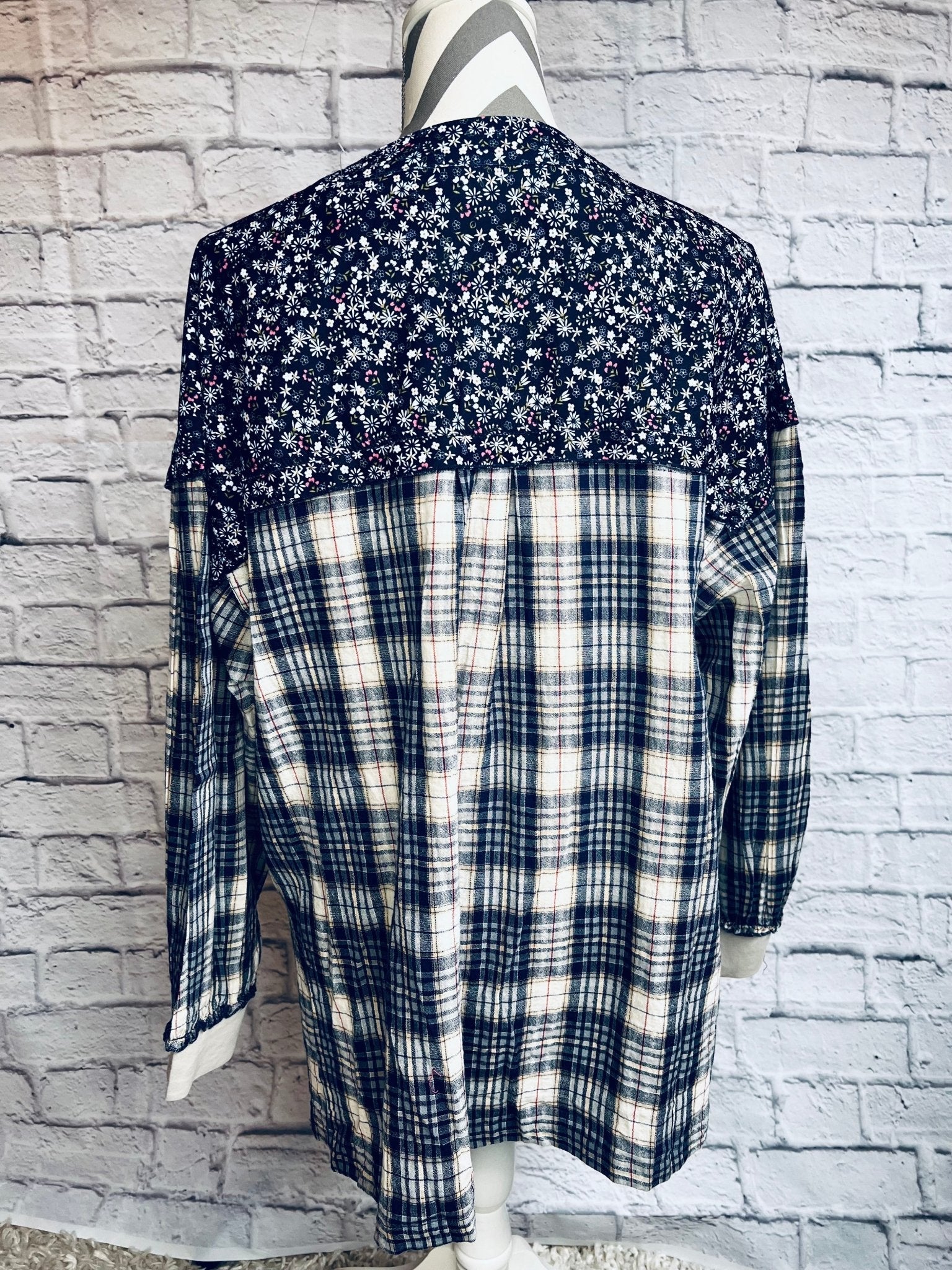 Mixed Print Half Button Pullover - Blue - Cream - The Vintage Turquoise - Western Fashion - Women's Clothing