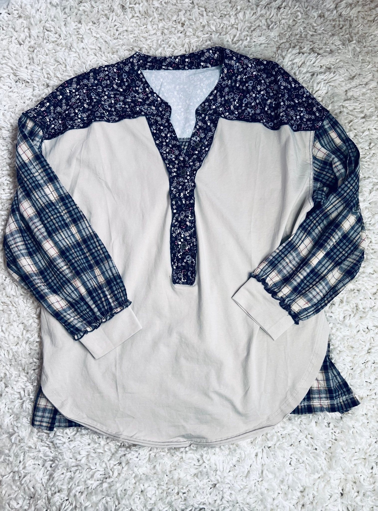 Mixed Print Half Button Pullover - Blue - Cream - The Vintage Turquoise - Western Fashion - Women's Clothing
