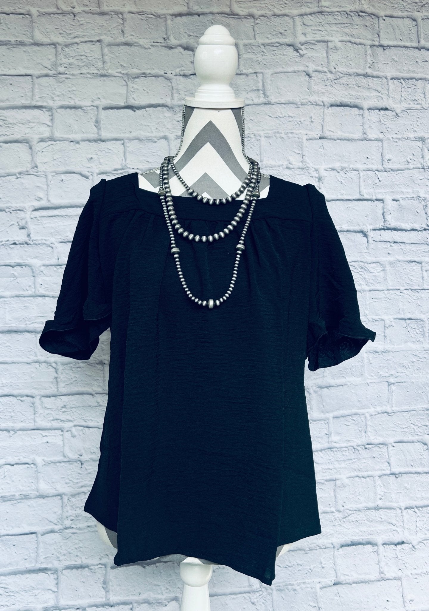 Pleated Short - Sleeved Top -  Square Neck - Black - The Vintage Turquoise - Western Fashion - Women's Clothing