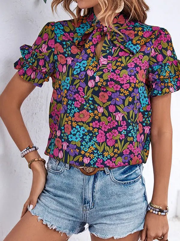 Purple Floral Top - Tie Neck - Ruffle Sleeve -The Vintage Turquoise - Western Fashion - Women's Clothing