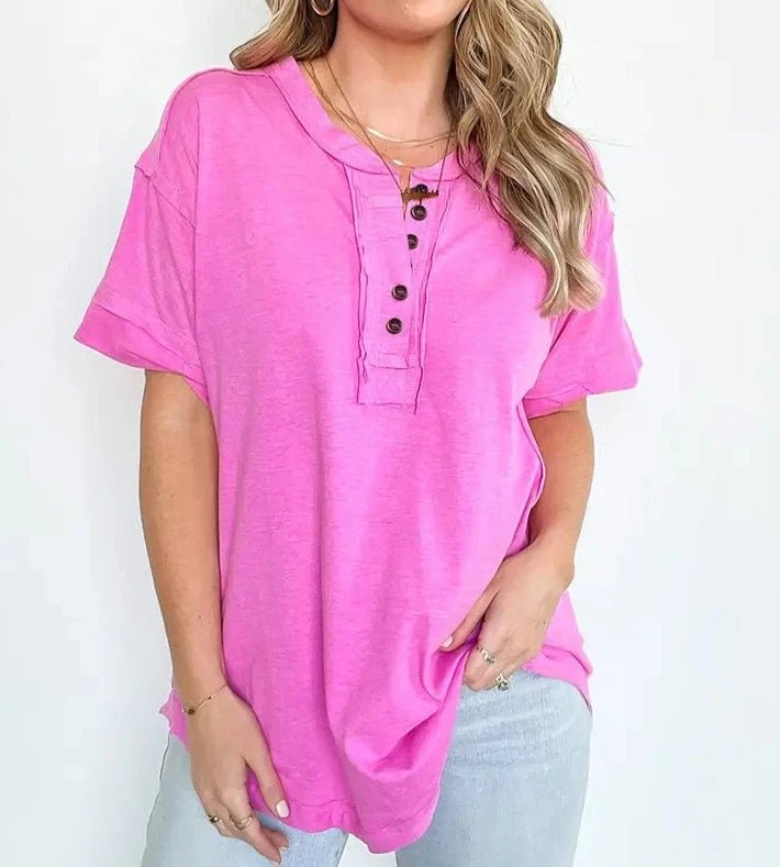 Raw Edge T - Shirt - Henley - Pink - The Vintage Turquoise - Western Fashion - Women's Clothing