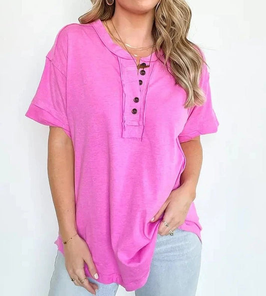 Raw Edge T - Shirt - Henley - Pink - The Vintage Turquoise - Western Fashion - Women's Clothing