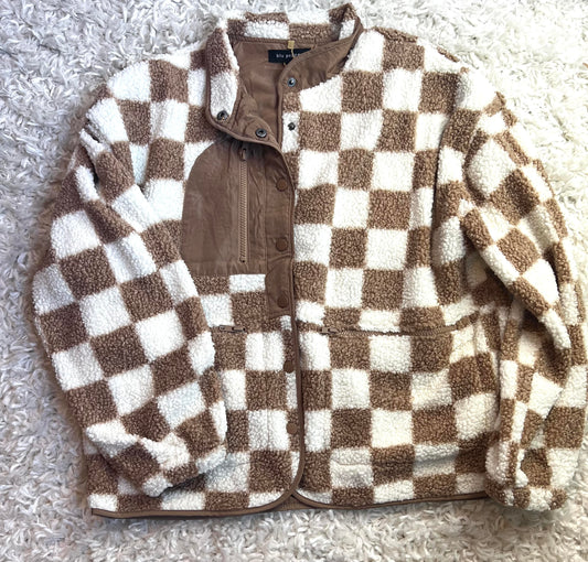 brown and white teddy shacket with pockets and button up