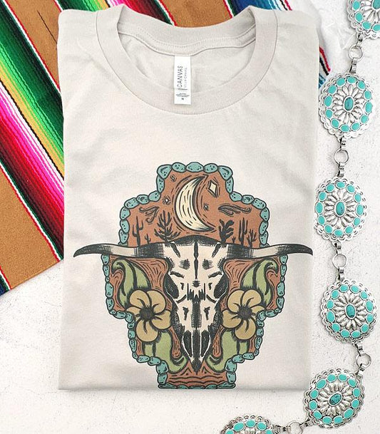 Western Floral Bull Skull T-Shirt - The Vintage Turquoise