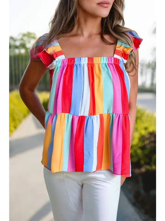 Women Casual Stripe Print Ruffled Straps Tank Top - The Vintage Turquoise