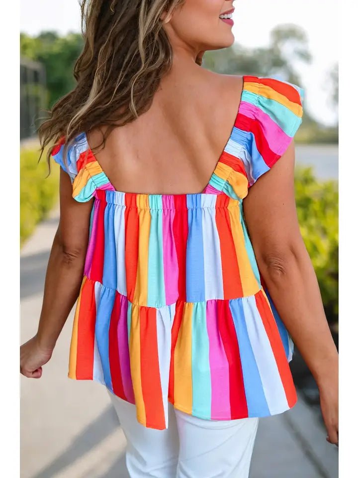 Women Casual Stripe Print Ruffled Straps Tank Top - The Vintage Turquoise