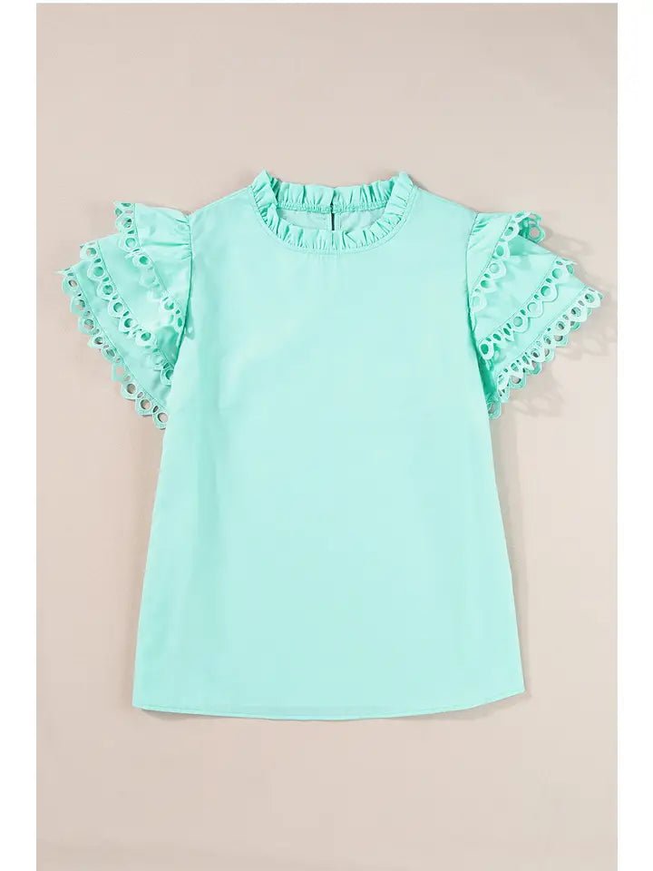 Women's Layered Rickrac Cap Sleeve Filled Neck Blouse - The Vintage Turquoise