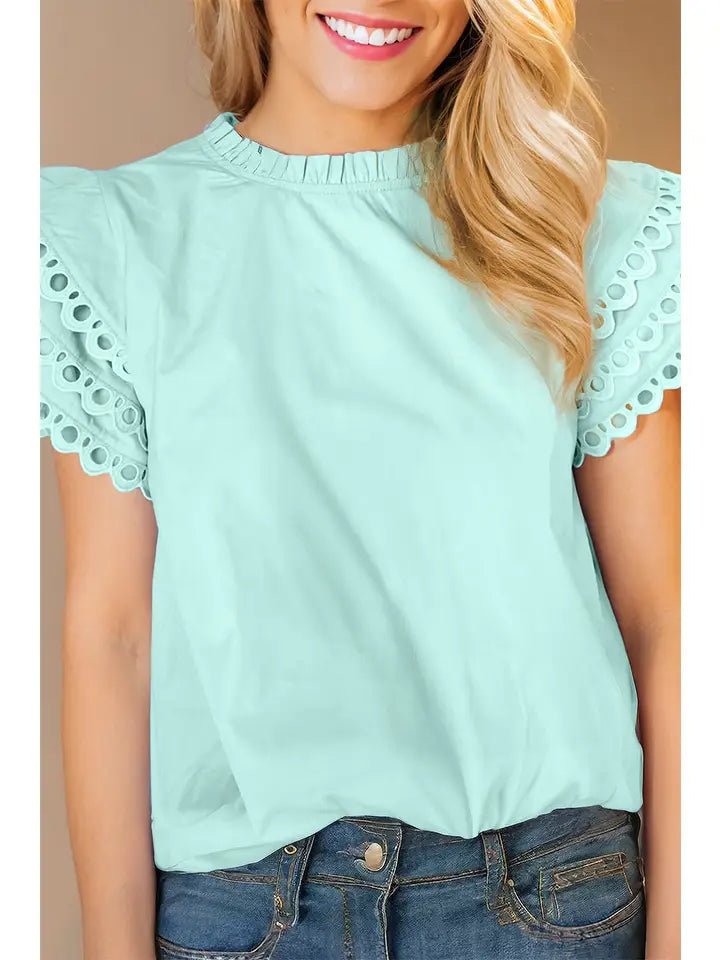 Women's Layered Rickrac Cap Sleeve Filled Neck Blouse - The Vintage Turquoise