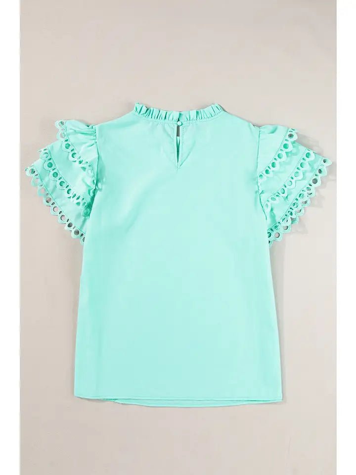 Women's Layered Rickrac Cap Sleeve Filled Neck Blouse - The Vintage Turquoise