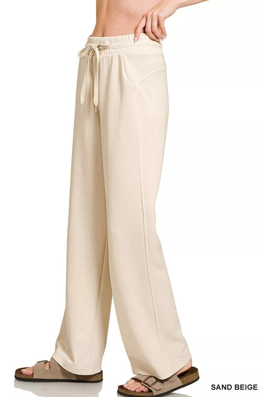 Zenana sand beige wide-leg sweatpants featuring an elastic drawstring waist, comfortable lounge fit, and everyday casual style.