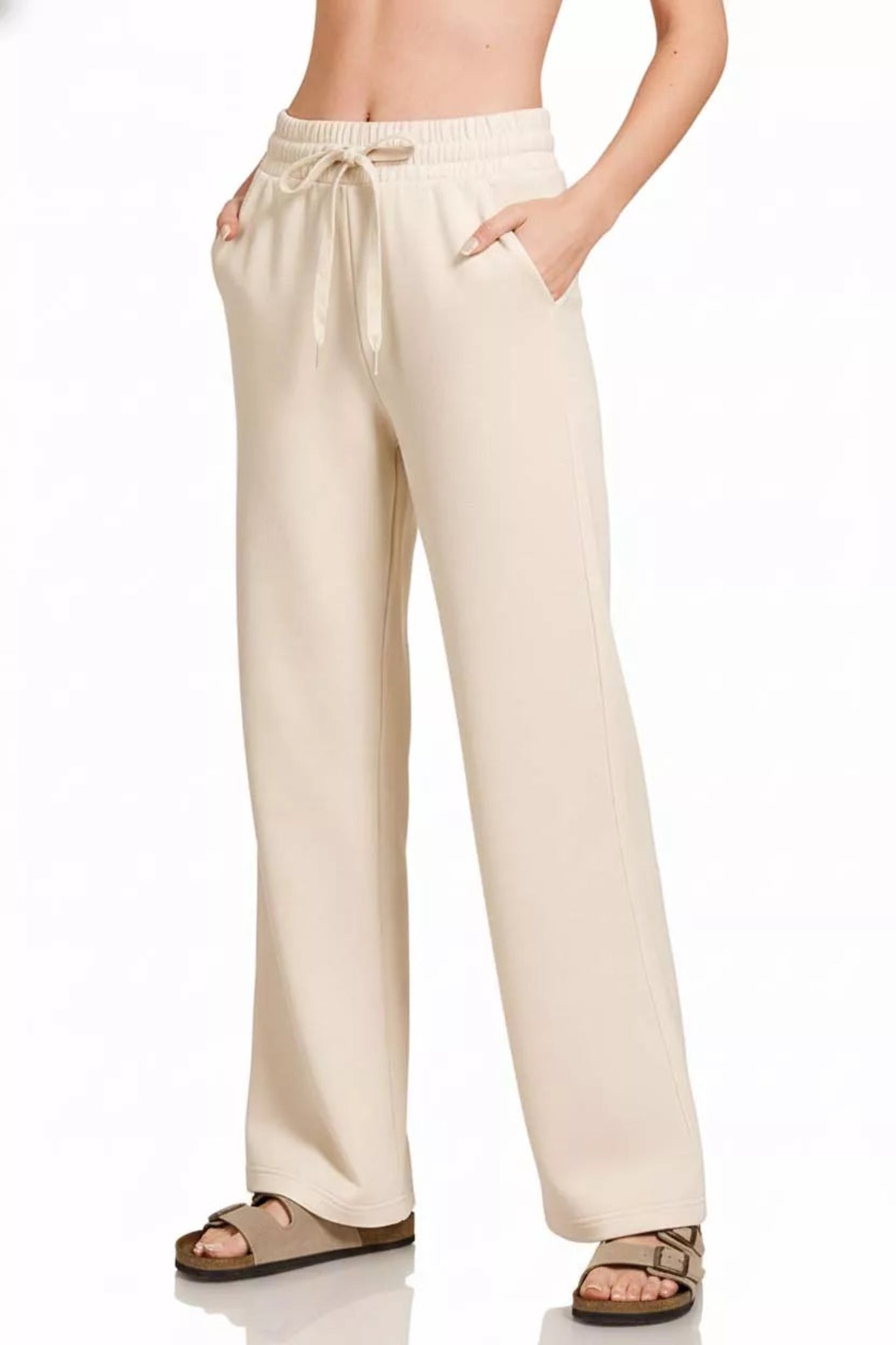 Zenana sand beige wide-leg sweatpants featuring an elastic drawstring waist, comfortable lounge fit, and everyday casual style.