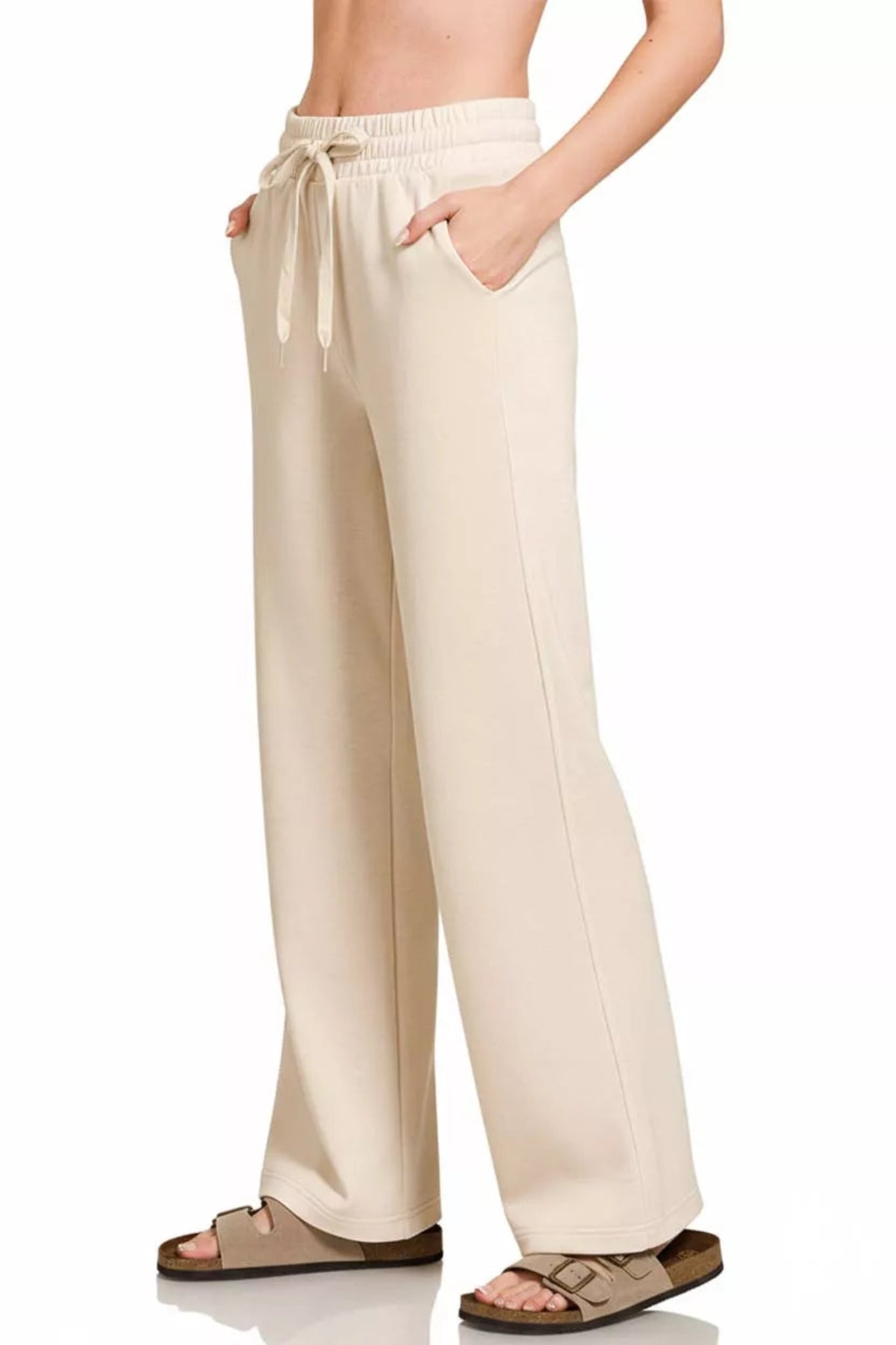 Zenana sand beige wide-leg sweatpants featuring an elastic drawstring waist, comfortable lounge fit, and everyday casual style.